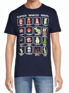 EUC Men’s Navy blue Super Mario Bros. 16 Character Pixel Grid T-Shirt Size 3X